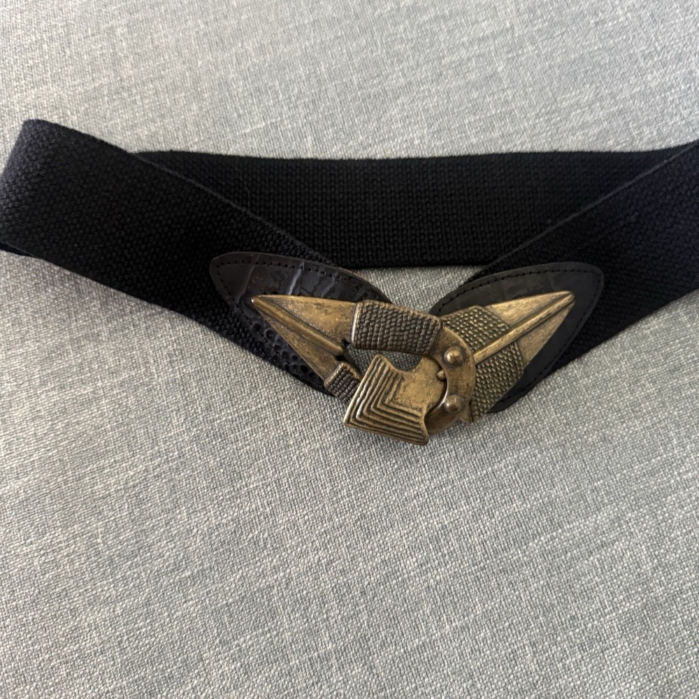 Vtg Omega Arrowhead Stretch Belt Black Art Deco Ornate Metal Leather Buckle Med